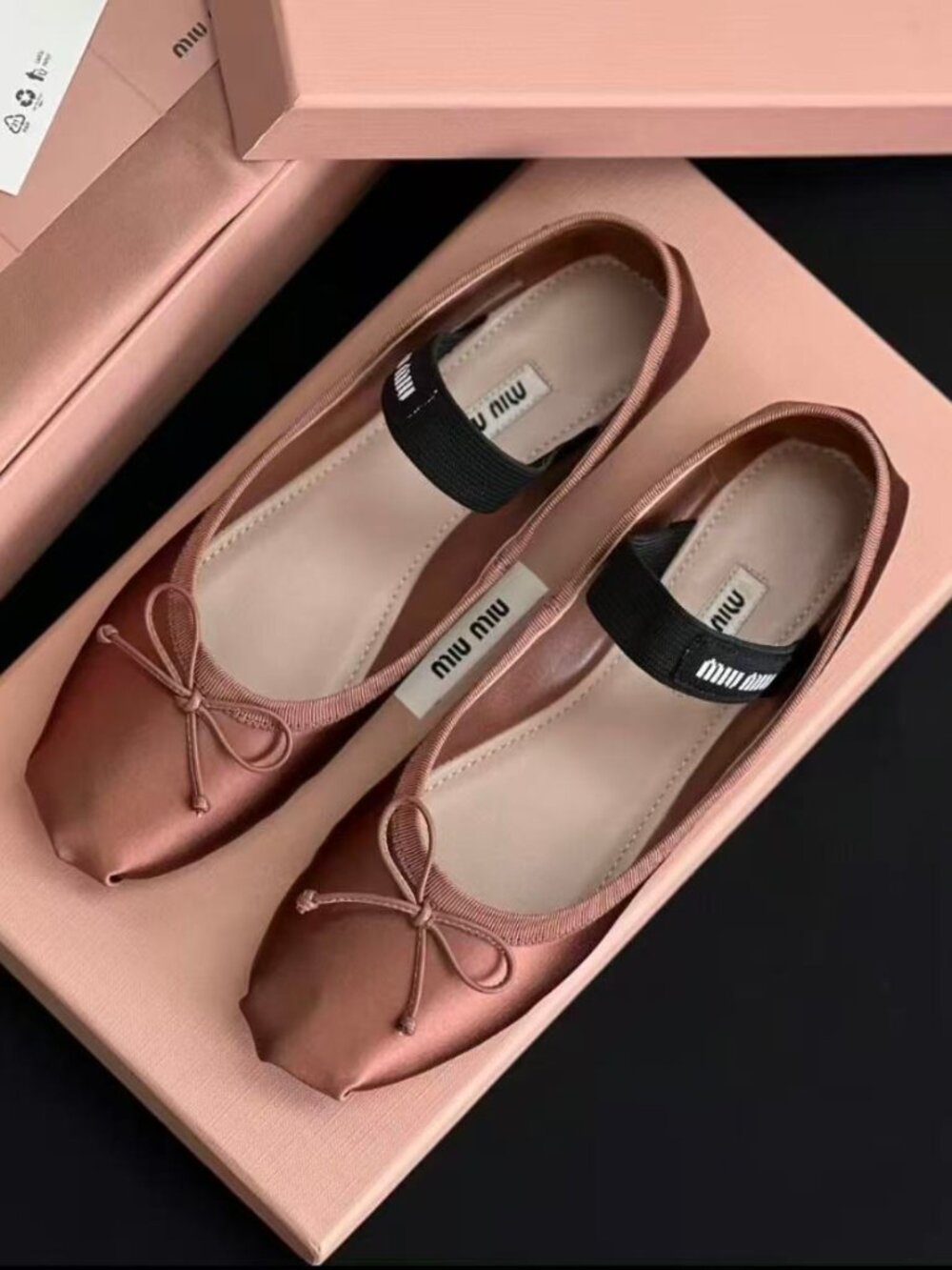 Miu Miu Mauve Satin Bow Logo Strap Mary Jane Ballet Flats - Picture 2 of 6